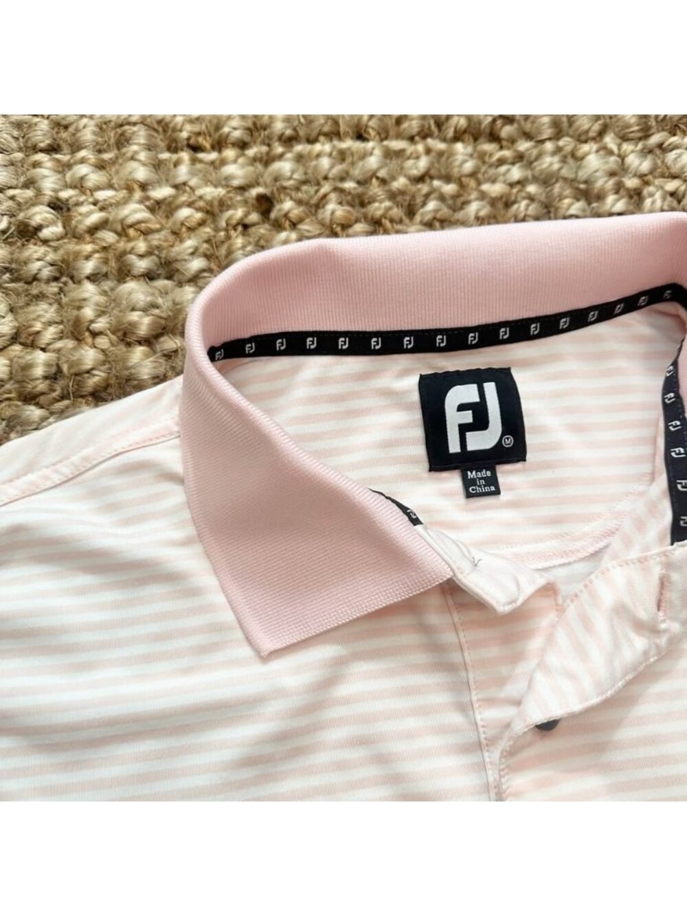 FootJoy Golf Polo Shirt Mens Medium Pink White Striped Short Sleeve Stretch